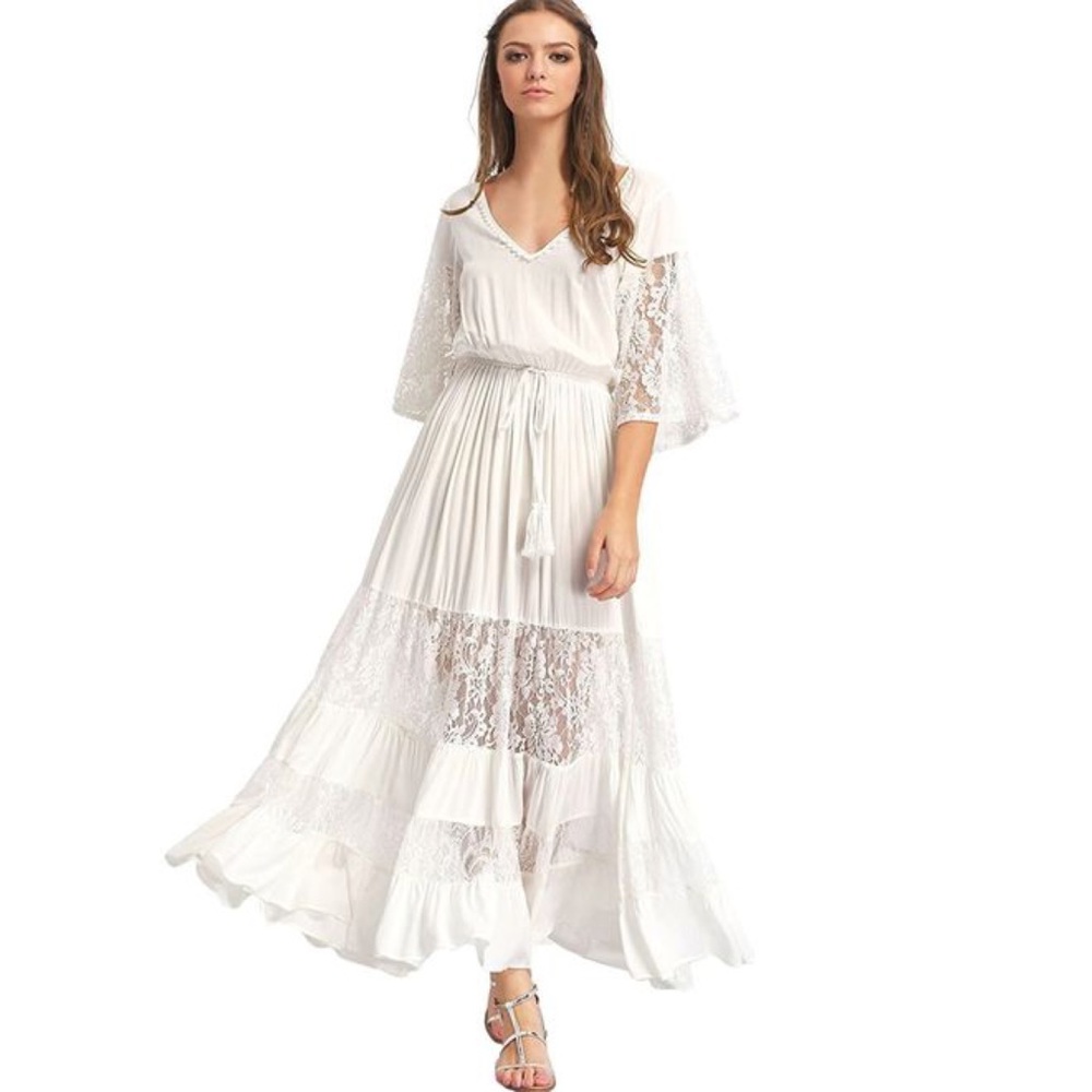 Romantic Tassel Floral Lace White Boho Maxi Dress - Picture 7 of 7